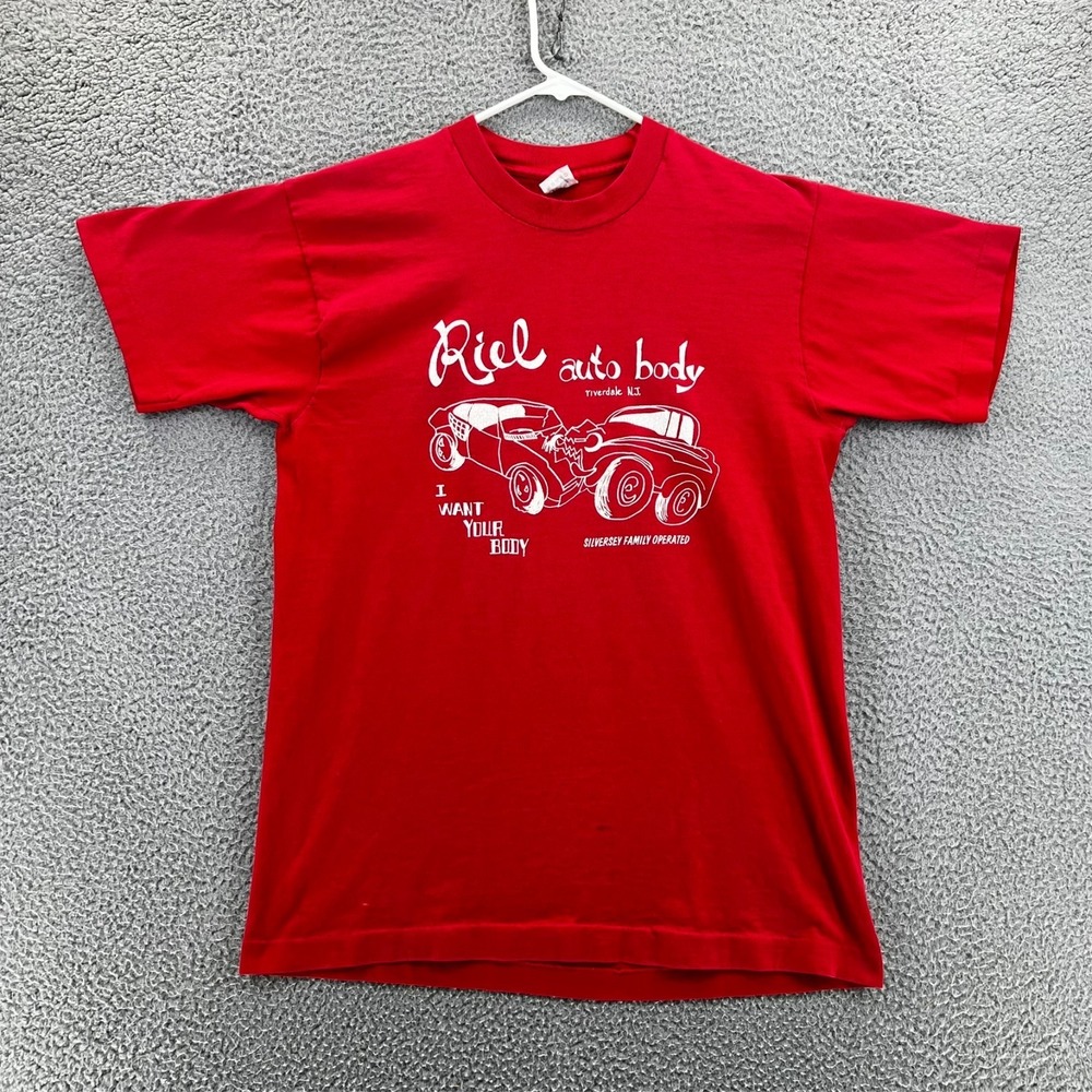 Vtg Riel Auto Body T-Shirt Red Graphic Tee Riverdale NJ Fruit Loom Men L READ